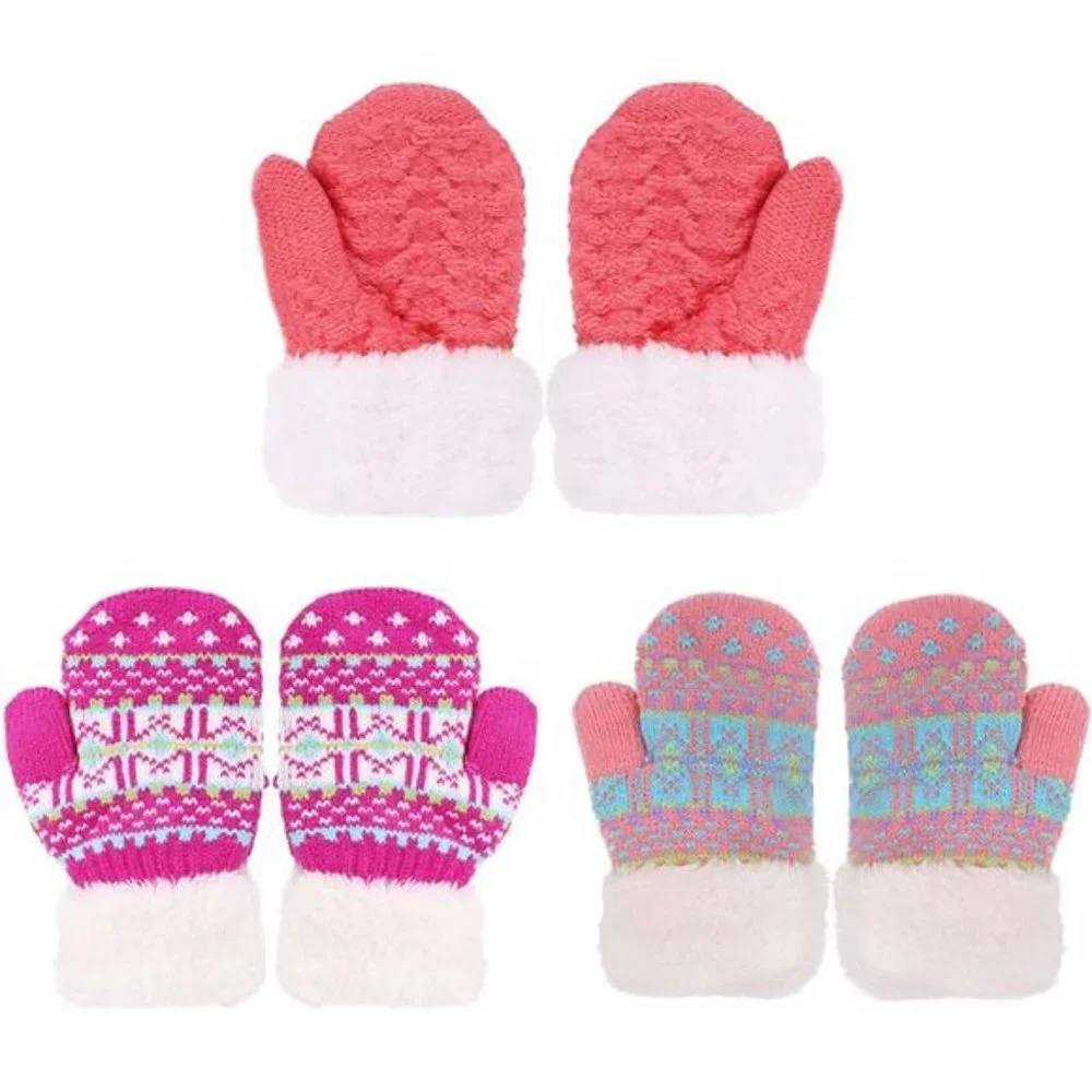 3 Pairs Kids' Sherpa Lined Knit Mittens Boys Girls Winter Gloves